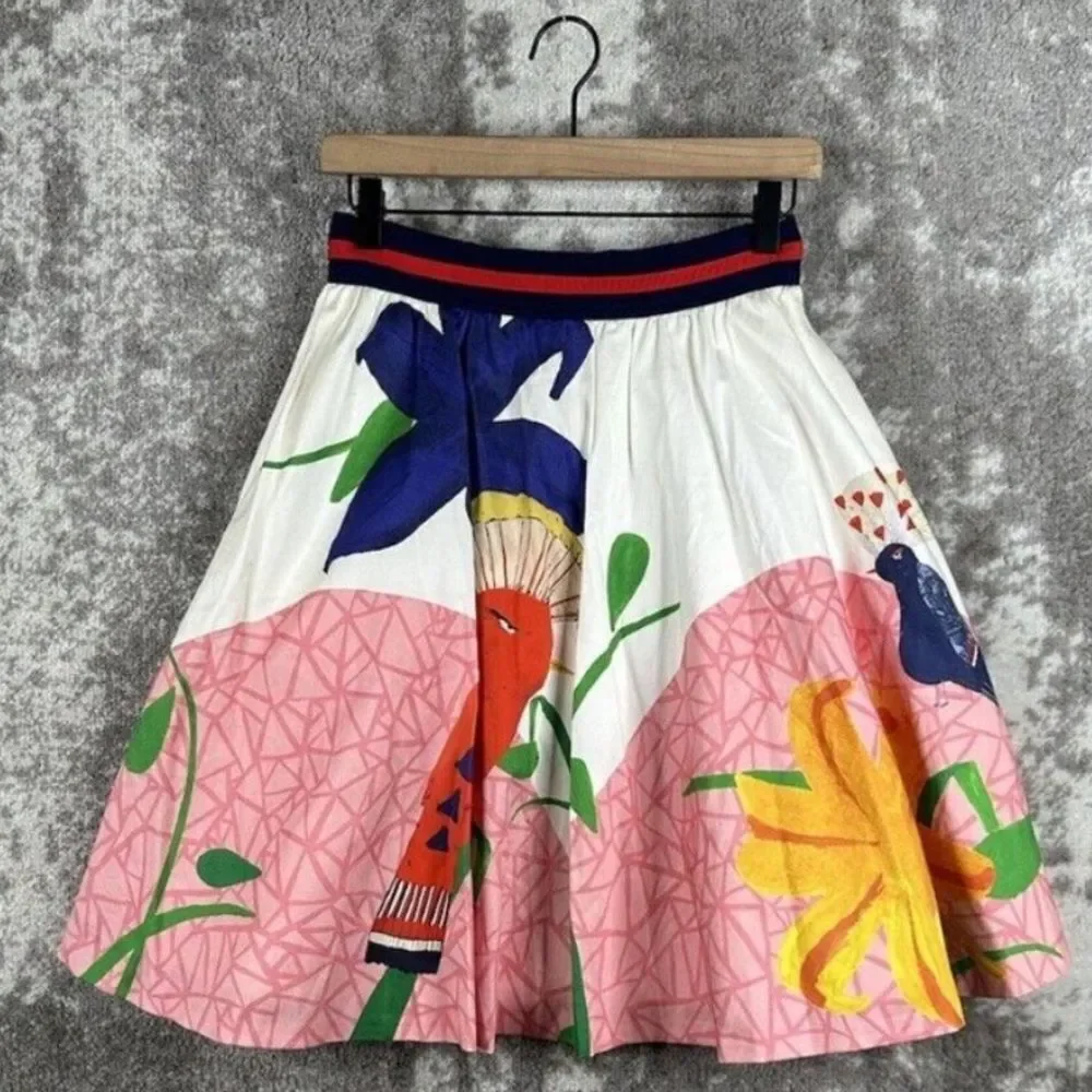 Alice + Olivia Earla Bird Print High Waist Flare A Line Pleated Skirt Womens 2